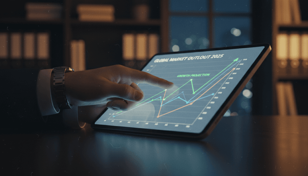 A person analyzing a market forecast release on a tablet, with the data featured on a financial news outlet like Yahoo Finance.