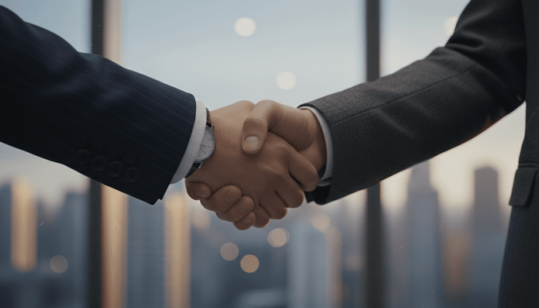 A close-up image of a professional handshake, symbolizing a merger announcement featured on Yahoo Finance, set against a softly blurred office background.