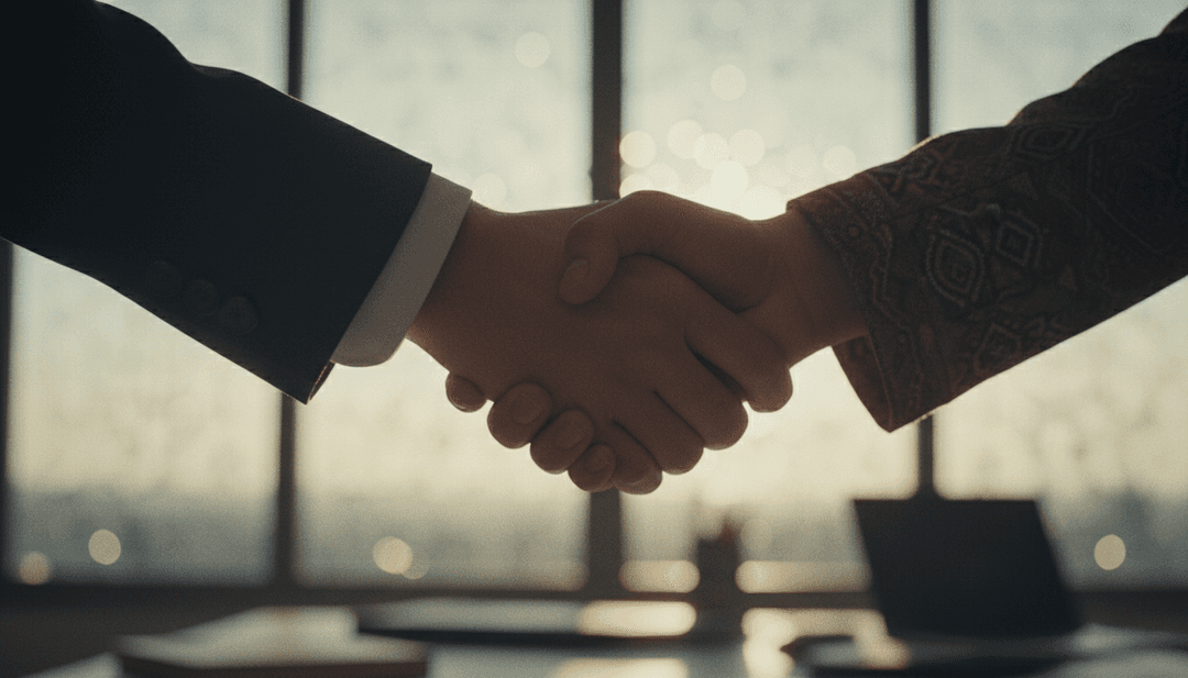 A cinematic photo of a business handshake, symbolizing a Middle East expansion announcement featured on a financial outlet like Yahoo Finance.