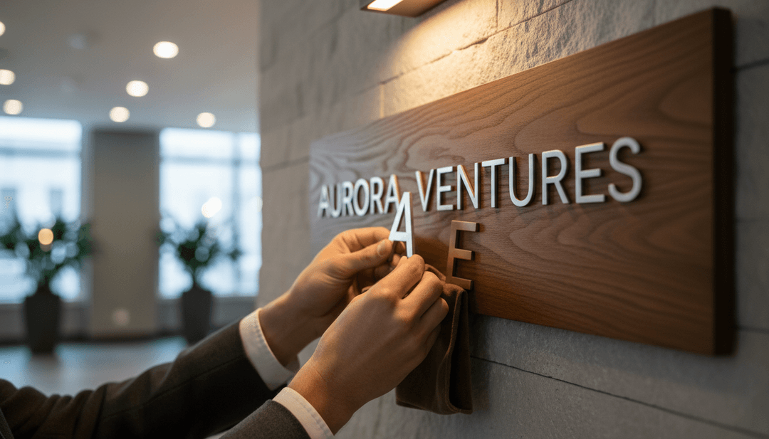 A person's hands updating a company sign, symbolizing a name change announcement being featured on a major outlet like Yahoo Finance.