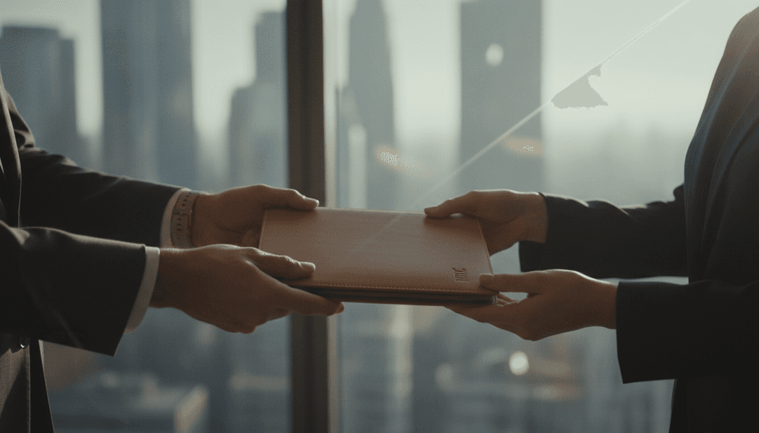A symbolic image representing a new COO announcement, with one person handing a planner to another, signifying a feature on Yahoo Finance.