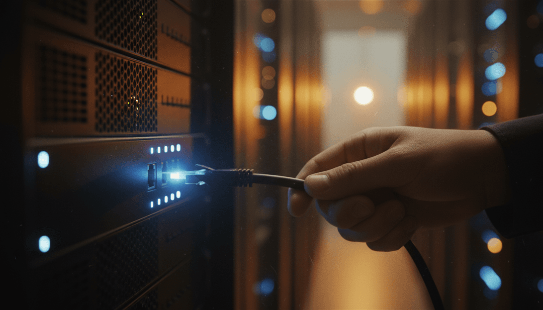 A person's hands activate a new validator program by plugging a network cable into a glowing server port, symbolizing a feature on Yahoo Finance.