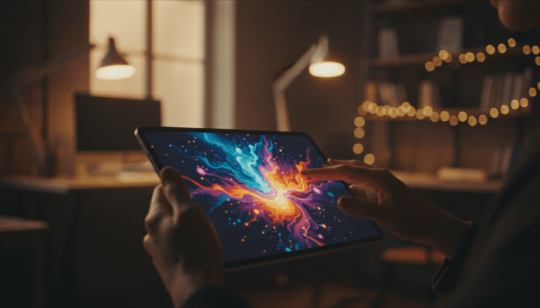 Hands holding a tablet displaying a piece of digital art, representing an NFT collection launch featured on Yahoo Finance.
