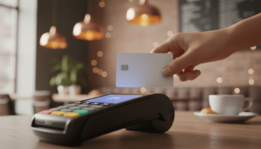 A person making a contactless payment, symbolizing a successful off-ramp integration announced on a financial news outlet like Yahoo Finance.