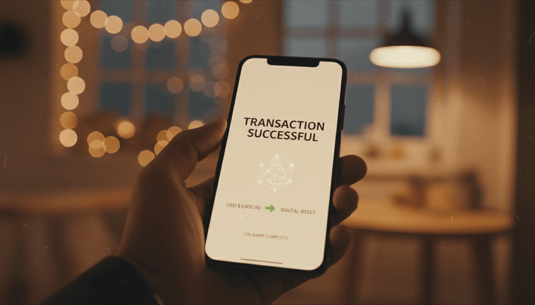 A person completes a fiat-to-crypto transaction on a smartphone, symbolizing an on-ramp integration announcement on Yahoo Finance.