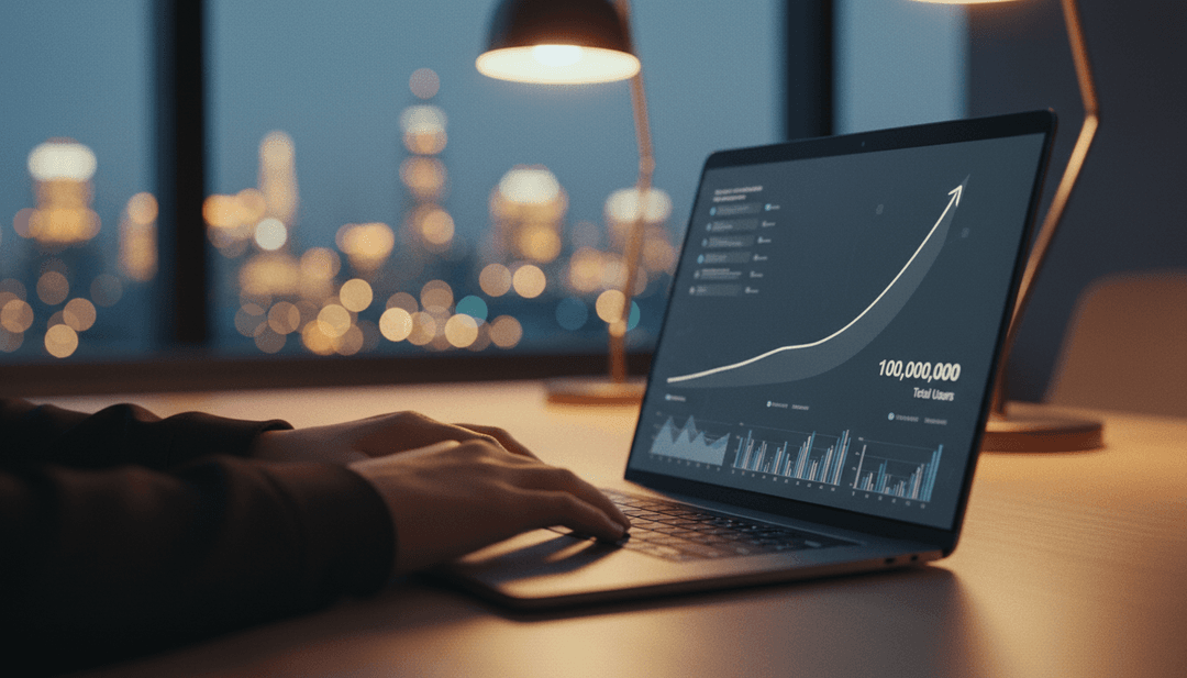 A person viewing a laptop screen showing a graph reaching a one hundred million users milestone, symbolizing a business announcement on Yahoo Finance.