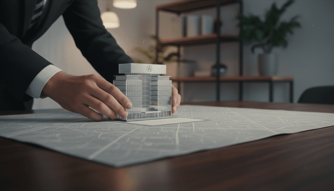 A person places an architectural model of a new headquarters on a map, symbolizing an expansion announcement on Yahoo Finance.