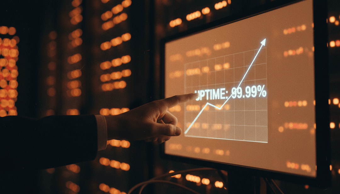 A person points to a screen showing a platform uptime milestone, representing a credible business announcement on Yahoo Finance.