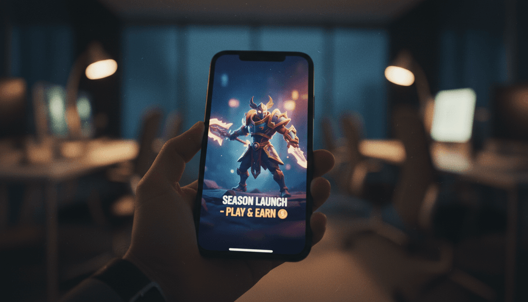 A close-up image of a hand holding a smartphone displaying a glowing game character, representing a Play to earn season launch announcement on Yahoo Finance.