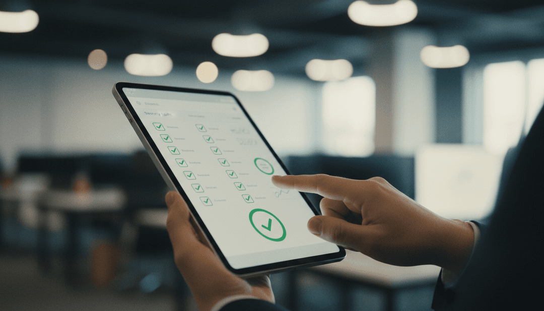 A person confirms a successful security audit completion on a tablet, symbolizing the credibility gained from a Yahoo Finance announcement.