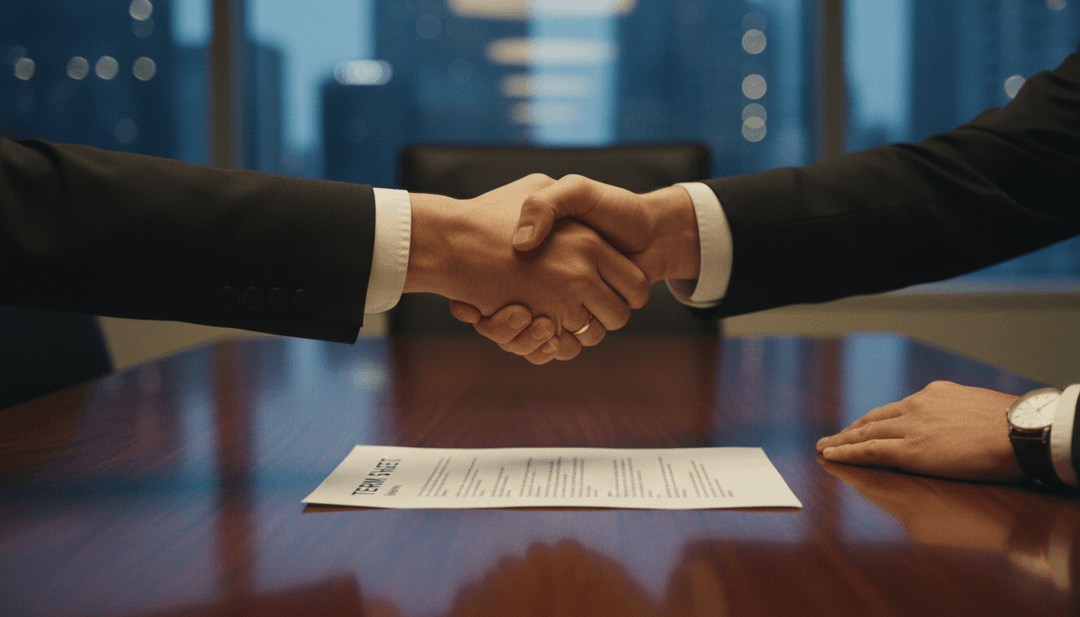 A close-up of a professional handshake over a term sheet, symbolizing a Series D funding deal announcement on Yahoo Finance.