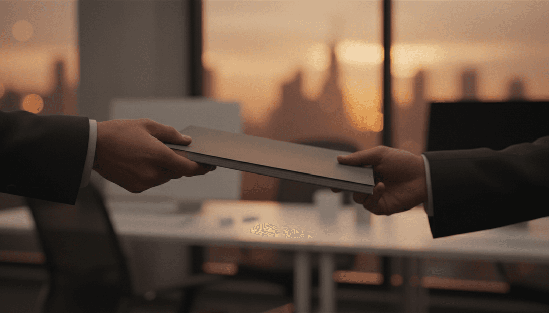 A close-up of a person receiving a formal audit report, representing the trust and credibility of a smart contract audit announcement on Yahoo Finance.