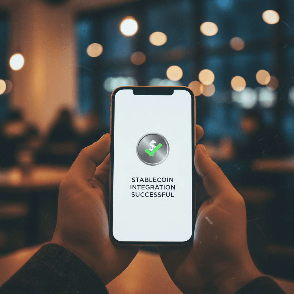 A close-up of a smartphone screen confirming a successful stablecoin integration, representing a business announcement on Yahoo Finance.