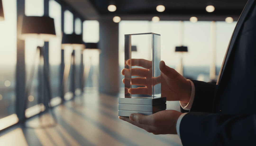 A person holding a modern tech excellence award, symbolizing a company's achievement announced on financial media like Yahoo Finance.
