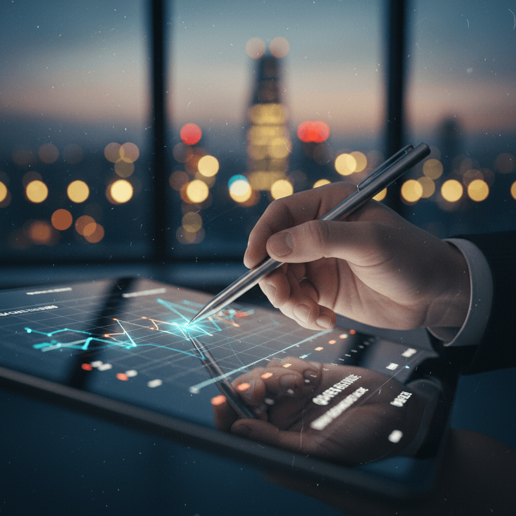 A person analyzing a technology trend graph on a tablet, representing a technology trend analysis feature on Yahoo Finance.
