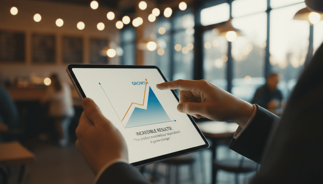 A person points to a positive growth chart on a tablet, symbolizing a successful testimonials announcement on Yahoo Finance.