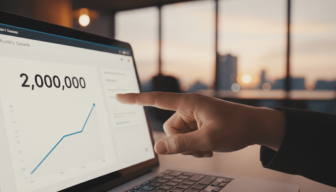A person points to a screen showing a 'Two million users milestone' achievement, symbolizing a growth announcement on Yahoo Finance.