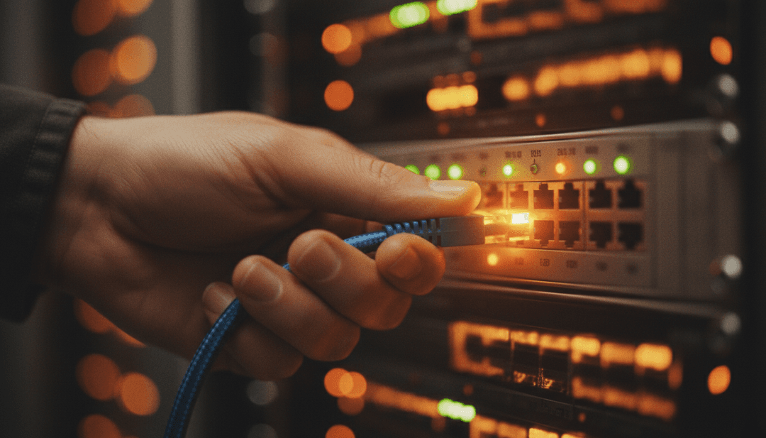 A close-up of a hand plugging a cable into a server, representing a validator onboarding update announcement on Yahoo Finance.