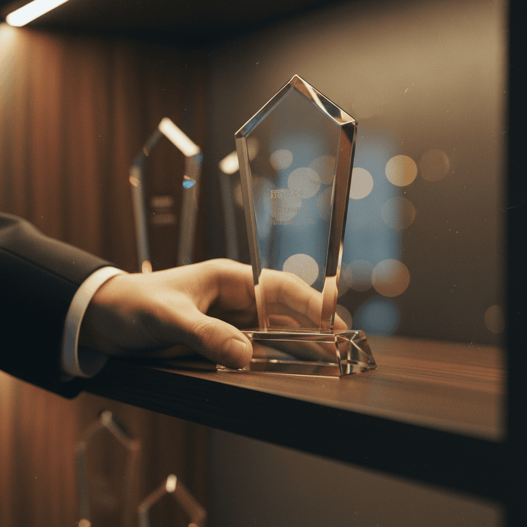 A person places an industry award trophy on a shelf, symbolizing the achievement of winning an award announced on Yahoo Finance.