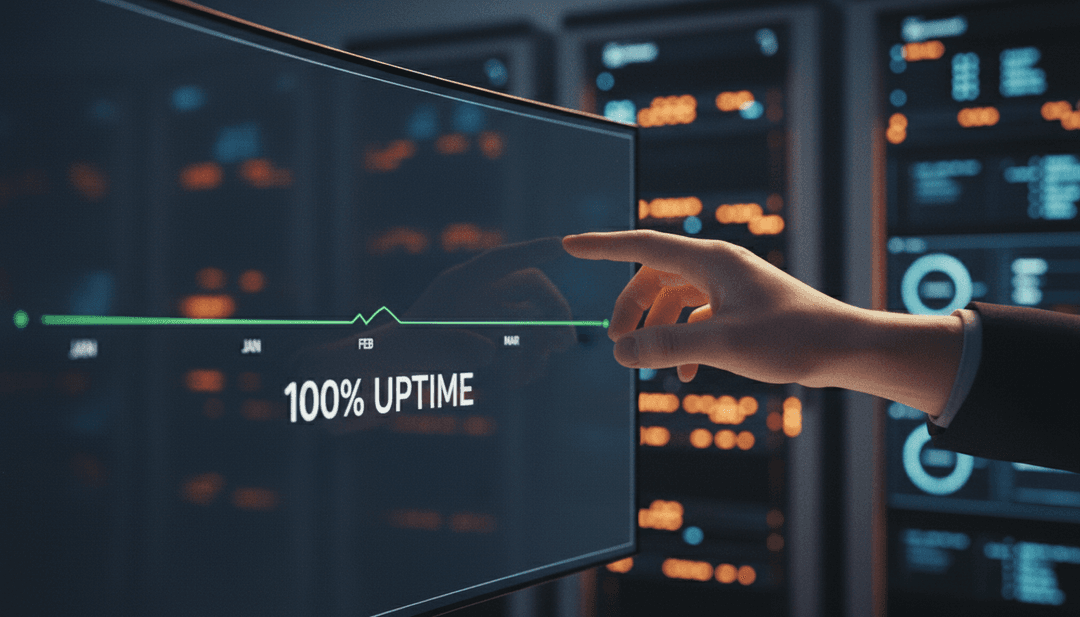 A person's hand next to a monitor displaying a graph that signifies a zero downtime quarter, representing a milestone featured on Yahoo Finance.